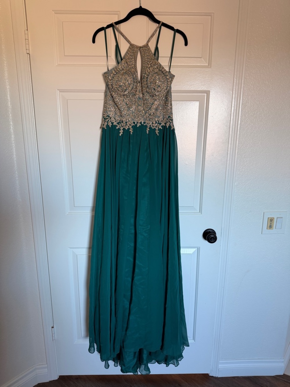 Emerald Evening Gown with Beaded Champagne Bodice